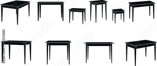 Set of Minimalist Table Furniture Vector Silhouettes, Interior Design Desk Drawing, Home and Office Wood Surface Collection, Modern Kitchen and Living Room Element