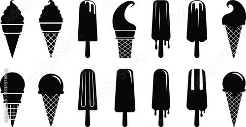 Set of various sweet summer dessert ice cream cones, ice lollies, and popsicles silhouettes with dripping syrup isolated on white