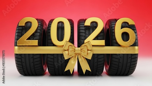2026 New Year Car Tires with Golden Ribbon and Bow on Red Background