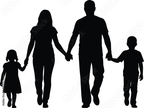 Happy family silhouette walking together holding hands father mother daughter son unified love connection isolated on white background