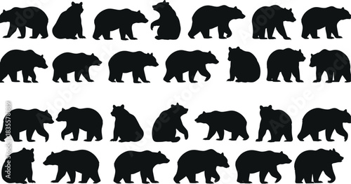 Set of Wild Bear Animal Vector Silhouettes, Forest Grizzly and Black Bear Drawing, Large Mammal Wildlife Collection, Nature Illustration Design Element on White Background