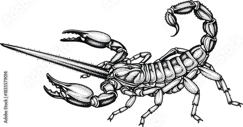 Venomous Scorpion Detailed Vector Engraving Illustration, Stinger Tail and Claws Drawing, Desert Insect Wildlife Art, Dangerous Arachnid Vintage Design Element