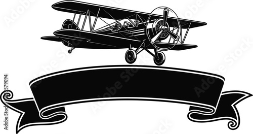 Vintage Biplane Airplane Detailed Vector Engraving Illustration, Retro Propeller Aircraft Drawing with Blank Banner Scroll, Aviation History Poster Design Element