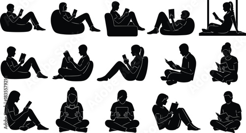 Reading posture silhouette illustration set, seated poses with books and tablets concept vector, black and white graphic for education and leisure