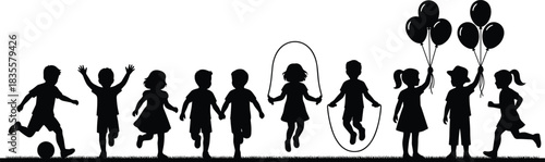 Set of Black Silhouettes of Children Playing Outdoors: Kicking a Ball, Jumping Rope, Running, and Holding Balloons, Representing Childhood Fun and Activities Vector Graphic.