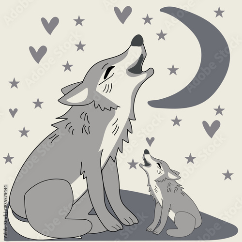 Cute wolf and pup howling together under crescent moon vector