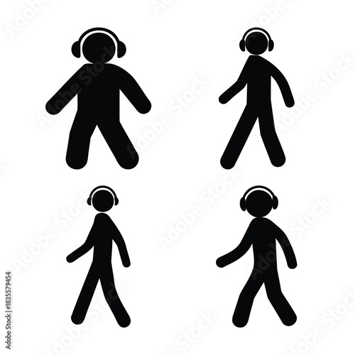 Black silhouette of walking human figures wearing headphones