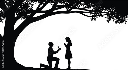 Romantic silhouette proposal under a grand tree a man kneels offering a ring to his beloved woman love commitment relationship joy isolated on white background