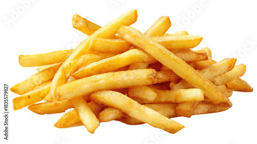 Golden, crispy pile of french fries on a transparent background.