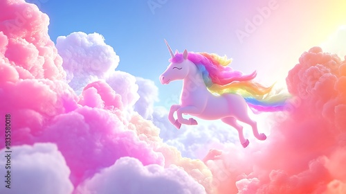 Majestic rainbow unicorn soaring through dreamy pink and blue clouds
