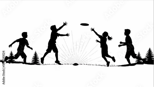 Silhouette Line Art of Children Playing Frisbee on Sunny Lawn – Summer Outdoor Activity Illustration