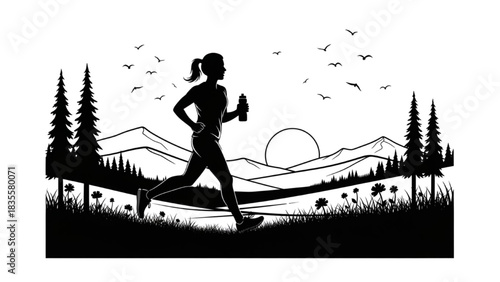 Silhouette Line Art of Person Jogging with Water Bottle in Summer Scenery