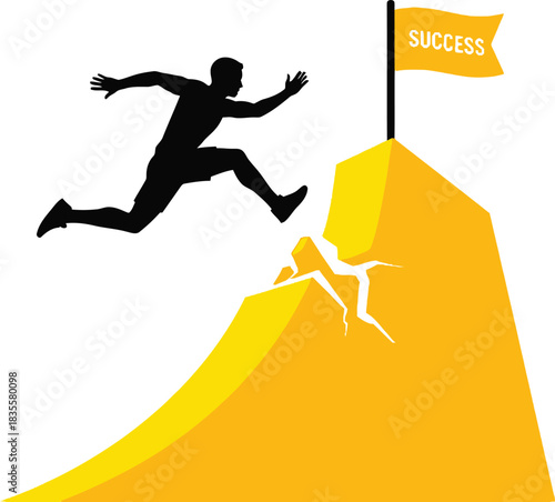 Silhouette of a determined person jumping across a gap to reach a golden mountain peak with a flag symbolizing achievement success and goal completion isolated on white background