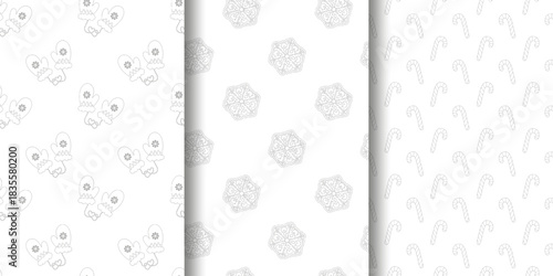 Three vertical grayscale winter patterns mittens with snowflakes, geometric snowflakes, and striped candy canes. Seamless hand-drawn design for seasonal wrapping paper and festive decor