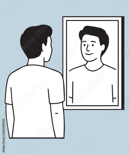 Man looking at his reflection in a mirror with a smile