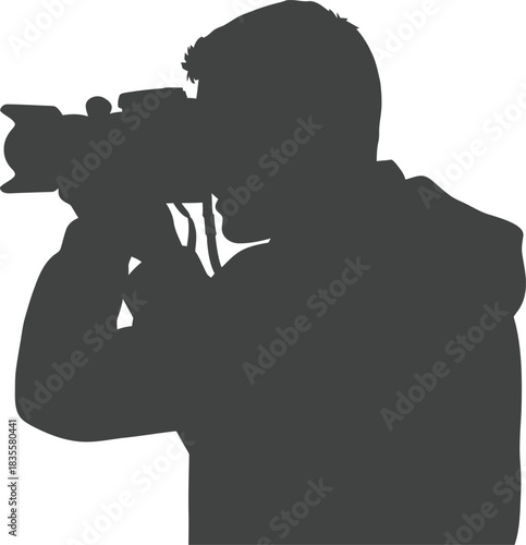 Silhouette of a photographer holding a large camera focusing on a subject isolated on a white backdrop capturing an important moment isolated on white background