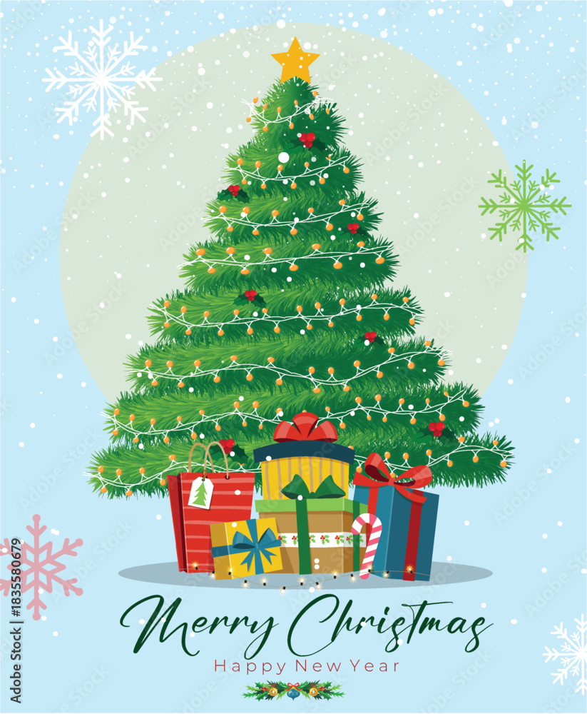Fototapeta premium Flat vector showing decorated Christmas tree with gifts and snow.