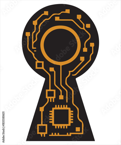 Cyber security concept with circuit board inside a keyhole shape