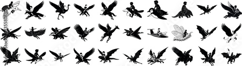 Silhouettes of children riding various winged animals and creatures