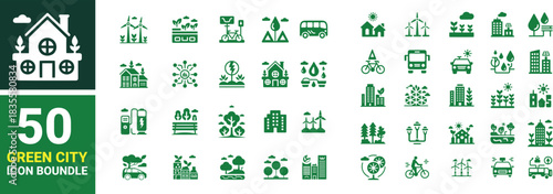 Collection of 50 green city icons bundle set depicting sustainable urban life