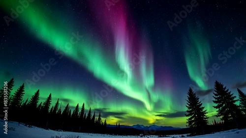 A stunning night view with the spectacular Aurora Borealis (Northern Lights). Dramatic ribbons of bright green and magenta light arc and dance across the sky.