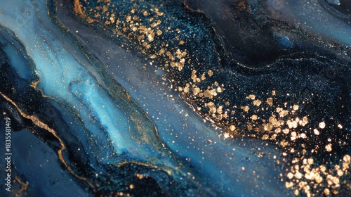 Fototapeta Naklejka Na Ścianę i Meble -  A black and blue iridescent background with golden sparks at the corners. a feeling of luxury.
