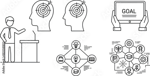Goal setting icons, education concept, strategic thinking, personal development, career planning, flat line style, cad drawing flat vector illustration