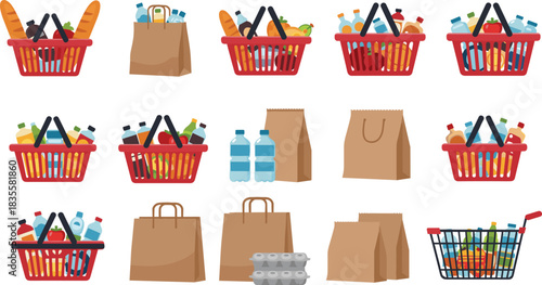 Grocery shopping basket, paper bag, plastic bottle, egg carton, food items, supermarket cart, hand drawn, vector illustration, retail concept