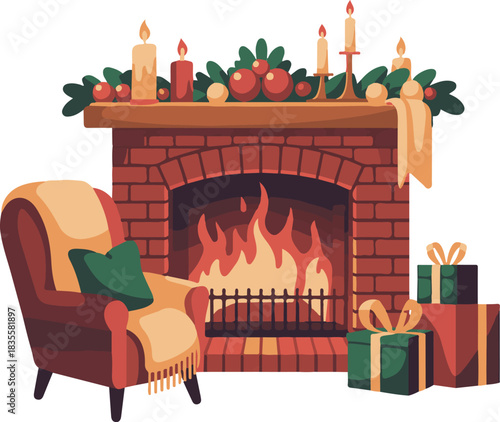 vector illustration of fireplace with christmas decorations