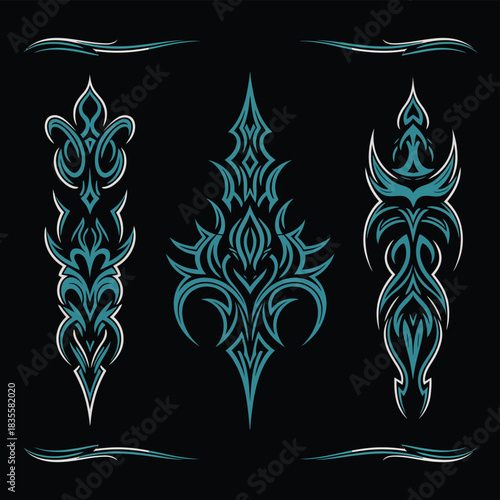 Pinstriping Art Illustration Featuring Old School Motorcycle and Car Designs in Classic Custom Style, Detailed Line Graphics, Retro Motoring Elements, and Clean Decorative Vector Artwork