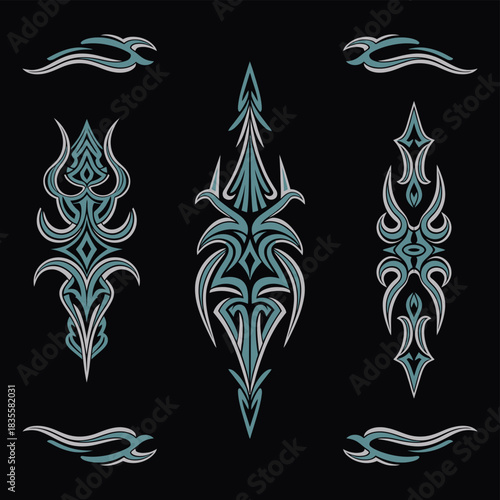 Pinstriping Art Illustration Featuring Old School Motorcycle and Car Designs in Classic Custom Style, Detailed Line Graphics, Retro Motoring Elements, and Clean Decorative Vector Artwork