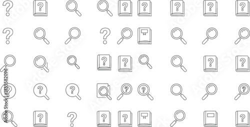 Puzzle icons, question mark symbols, magnifying glass, book graphics, outline style, logic test, visual grid, black stroke, vector illustration