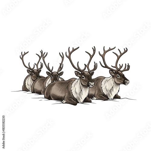 Reindeer herd resting together in snowy winter landscape.