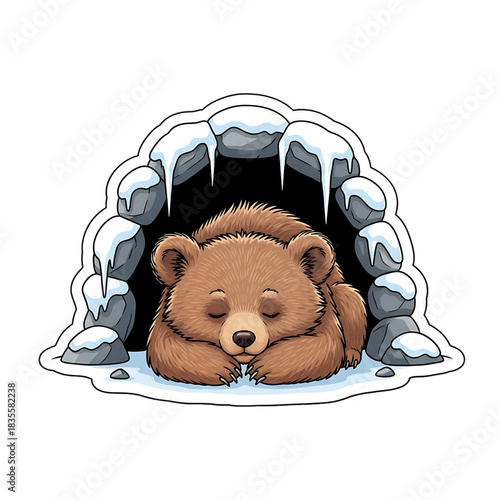 Cute bear cub sleeping inside a snowy igloo shelter.