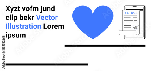 Technology, digital communication, contractual agreements, love, modern devices, creative design. Blue heart next to a mobile screen displaying a contract. Technology and digital communication