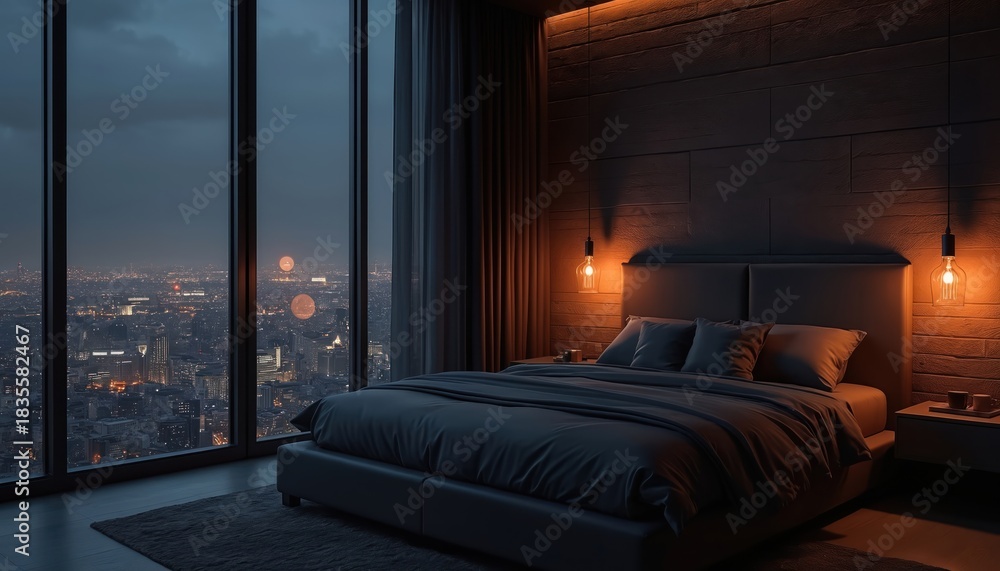 Fototapeta premium Luxurious bedroom interior with a city view at night. Large windows showcase urban lights. Modern bed with pillows. Stylish decor includes lamps and dark tones. Creates a mood of peace and relaxation.