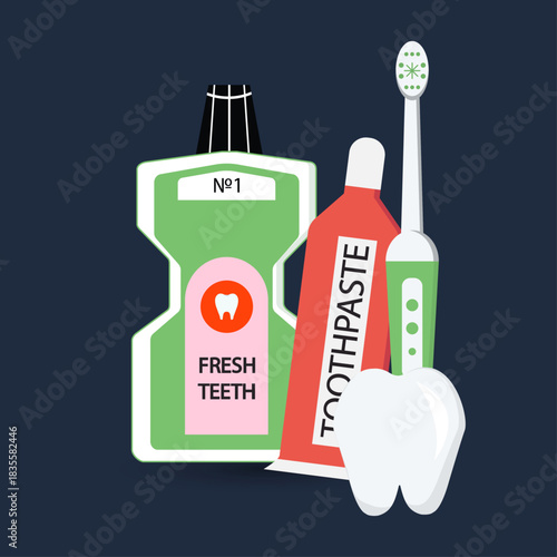 Minimalistic flat design, bright colors and clear shapes make this artwork suitable for dental clinics, healthcare promotions, hygiene posters, and educational materials.