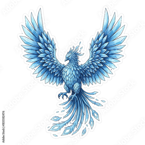 Blue phoenix rising with spread wings in icy colors.