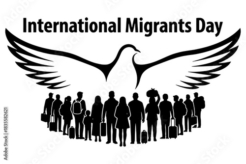 Migrants Day Silhouette Illustration, 
International Migrants Day Silhouette Illustration, Dove and Group of People Vector