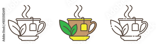 Tea cup linear and solid color icons set isolated on transparent background. Hot drink, tea symbols for café menu, barista design, takeaway packaging, and beverage branding. Editable stroke.