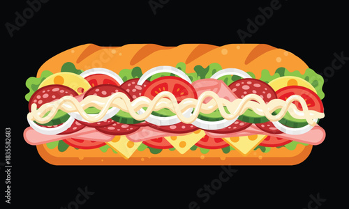 Delicious submarine sandwich illustration with meat and vegetable filling
