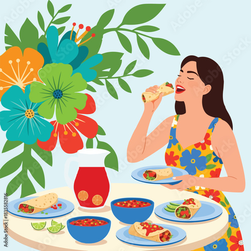 Woman enjoying a delicious taco meal with vibrant floral decoration