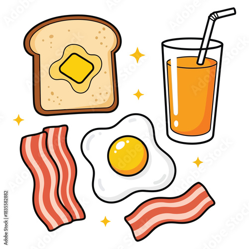 Cartoon breakfast set with toast, fried egg, bacon, and juice isolated on