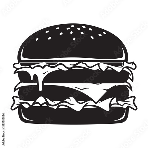Black and white silhouette icon of a double cheeseburger isolated on