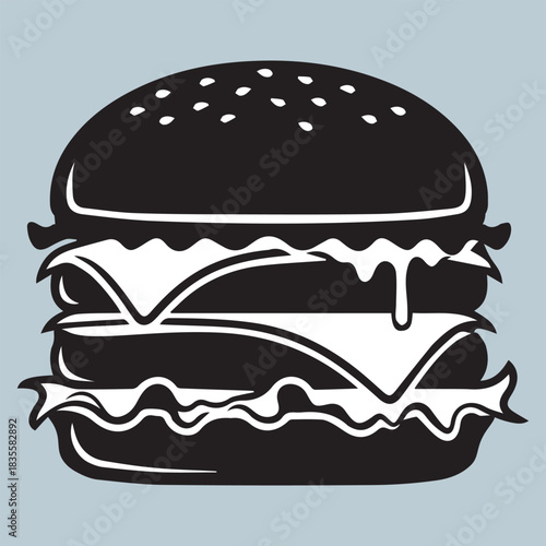 Black and white stylized icon of a double cheeseburger with sesame seed bun