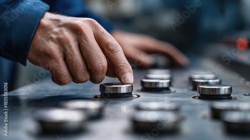 Precision Control: A close-up shot of a hand meticulously pressing a button on an industrial control panel, capturing the essence of expertise and precision.