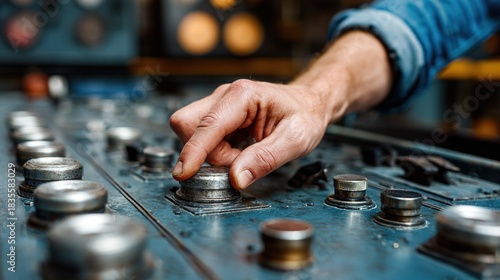 Precision Control Panel: A focused individual's hand, exhibiting expertise and precision, interacts with an intricate control panel, reflecting the complexities of modern technological advancement.
