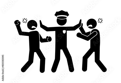 Police Officer Breaking Up a Fight Between Two People – Stickman Conflict Illustration.