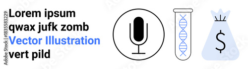 Media, genetics research, biotechnology, wealth management, financial analytics, technology. A microphone, DNA test tube and dollar bag icons. Media and genetics research conceptual