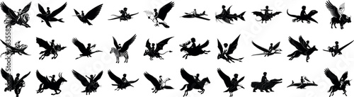 Collection of silhouettes of children riding fantasy creatures